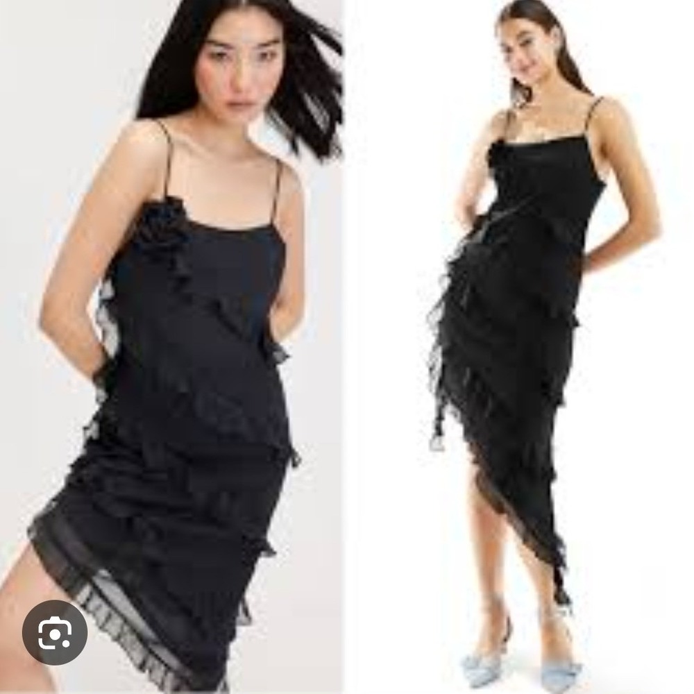 Monki NWT Black Asymmetric Ruffle Midi Dress with 3D Flower Rosette Size S